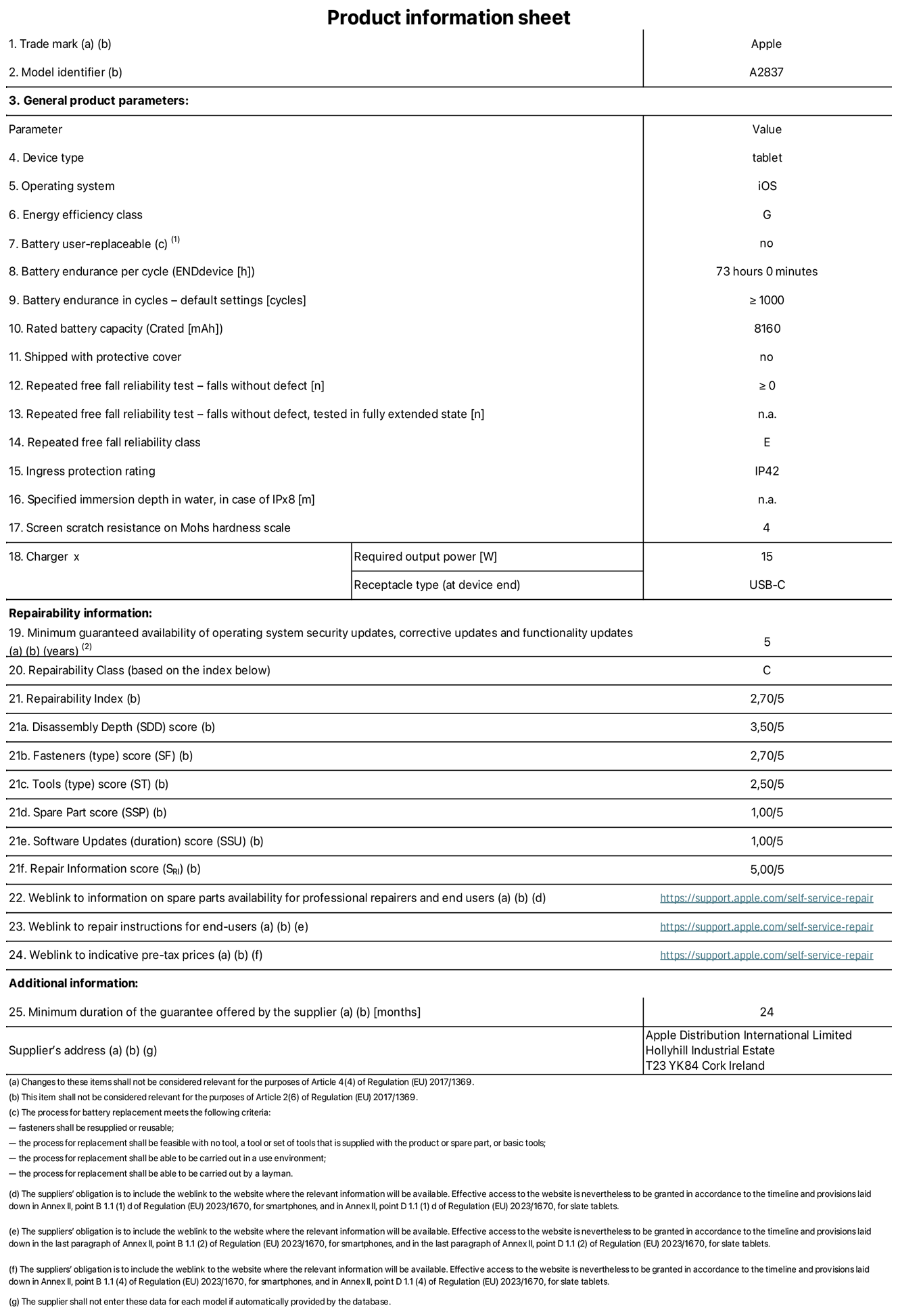 Product information sheet for 11-inch iPad Pro Wi-Fi + Cellular. model A2837. Supplied by Apple Distribution International Ltd, Hollyhill Industrial Estate. Cork, Ireland, T23 YK84. Device type: tablet. Operating system: iOS. Energy efficiency class: G. Battery user-replaceable: no. Battery endurance: 73 hours. Battery endurance in cycles: greater than or equal to 1,000. Rated battery capacity: 8,160 milliampere-hours. Repeated free fall reliability test - falls without defect: greater than or equal to 0. Repeated free fall reliability class: E. Ingress protection rating: IP42. Screen scratch resistance on Mohs hardness scale: 4. Charger required output power: 15 watts. Charger receptacle type: USB-C. Minimum guaranteed availability of operating system security updates, corrective updates and functionality updates: 5 years. Repairability Class: C. Repairability Index: 2.70/5. Disassembly Depth score: 3.50/5. Fasteners score: 2.70/5. Tools score: 2.50/5. Spare Part score: 1.00/5. Software Updates score: 1.00/5. Repair Information score: 5.00/5. Weblink to information on spare parts availability for professional repairers and end-users: https://support.apple.com/self-service-repair. Weblink to repair instructions for end-users: https://support.apple.com/self-service-repair. Weblink to indicative pre-tax prices: https://support.apple.com/self-service-repair. 24-month general guarantee offered.