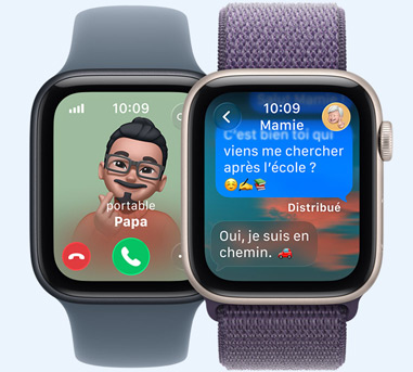 Deux Apple Watch. Une avec un Memoji de Papa qui appelle. L’autre avec un SMS pour Mamie qui dit « Mamie, on a gagné le match ! »{
