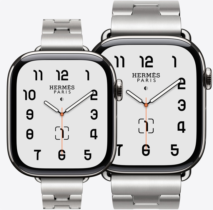 Two Apple Watch Hermès Series 11 devices, titanium cases,  silver color, satiné color Grand H Fin and Grand H bands