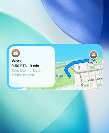 Maps widget showing new preferred routes trip planner, with traffic details, arrival time, and duration of trip