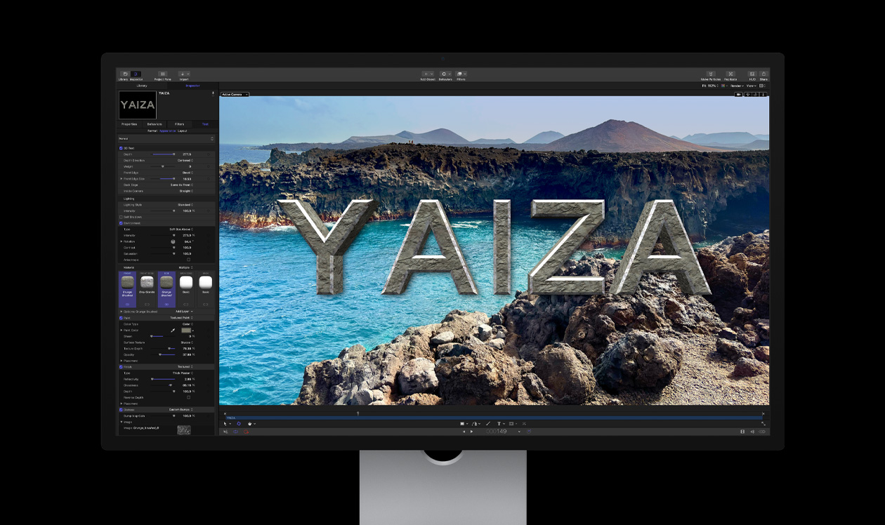 Mac Studio display, title being created over image of rocky coastline, title reads yaiza