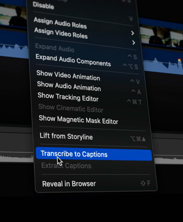 Close-up of drop down menu with transcribe to captions selected
