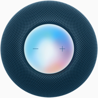 Vue du dessus d’un HomePod mini bleu avec boutons plus et moins de réglage du volume sur un écran coloré.