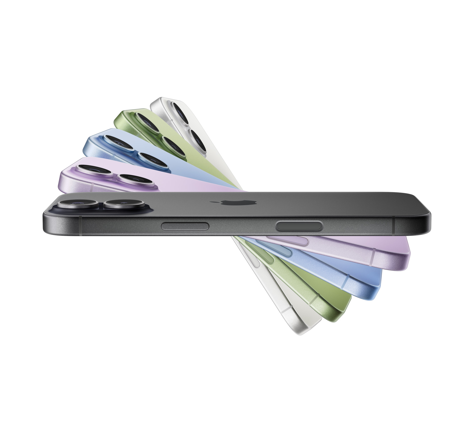 iPhone 17-modellen die in een waaier worden weergeven, in de kleuren zwart, lavendel, nevelblauw, saliegroen, wit
