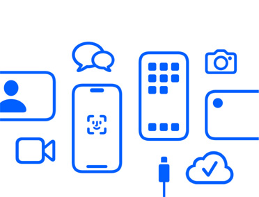 Apple 的各款裝置和各種功能，包括 iCloud、具備 Face ID 的 iPhone、充電線、相機 app、訊息功能、訊息 app。