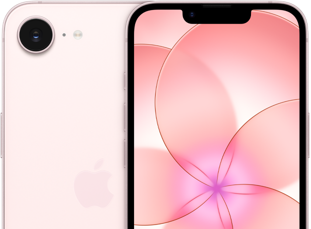 Voorkant van iPhone 17e in de kleur zachtroze, gedeeltelijke weergave van achterkant van iPhone 17e met de camera