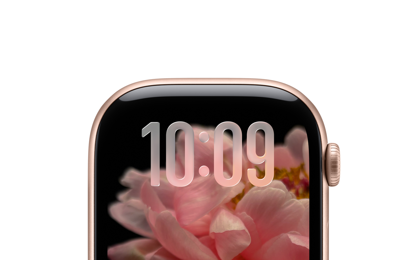 Une Apple Watch or rose, sans bracelet, partie supérieure du cadran uniquement, avec en haut, l’heure affichée en Liquid Glass translucide