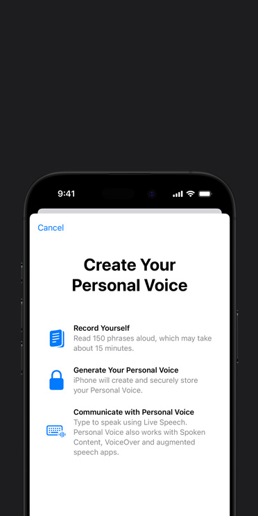 iPhone 17 Pro screen showing Personal Voice feature with instructions on how to create your Personal Voice