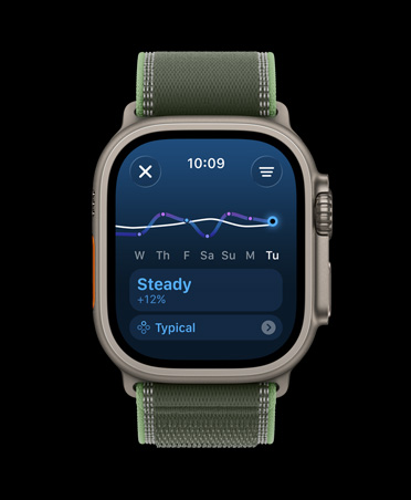 Apple Watch Ultra 3, natural colour, titanium case, training load line graph and calendar, band, Trail Loop, green/neon colour