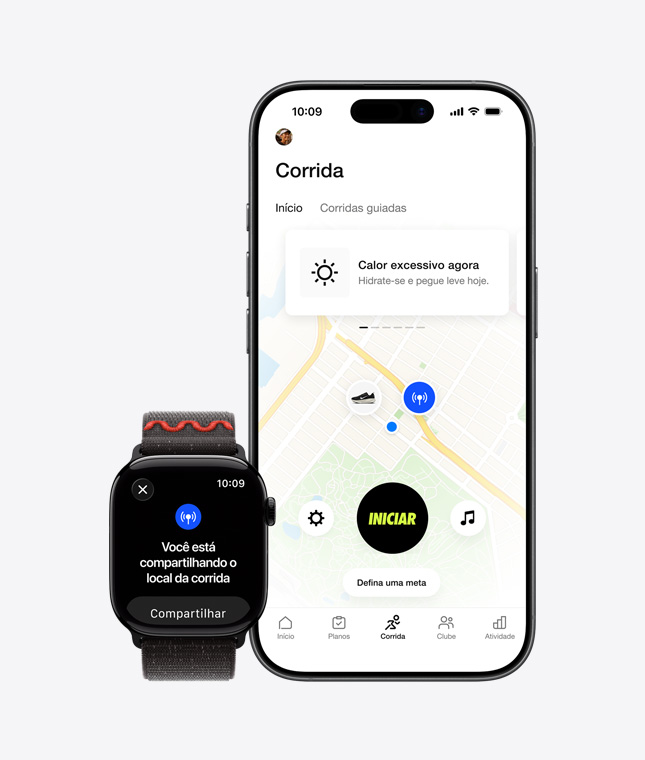 Apple Watch Series 11, compartilhamento de localização na tela, iPhone 17, mapas do app Nike Run Club para corrida ao ar livre.