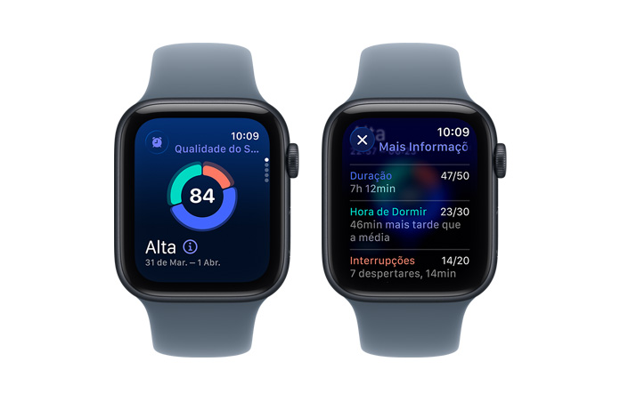 Apple Watch SE 3, Qualidade do Sono, gráfico circular e número da pontuação, análise dos estágios do sono: Sem Dormir, REM, Essencial e Profundo