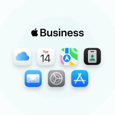 Uma linha de apps e ferramentas para empresas, incluindo iCloud, Calendário, Mapas, Apple Business, Mail, Ajustes e App Store.