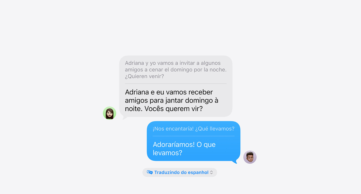 Tradução ao Vivo no Mensagens, mostrando um exemplo de tradução automática entre espanhol e inglês