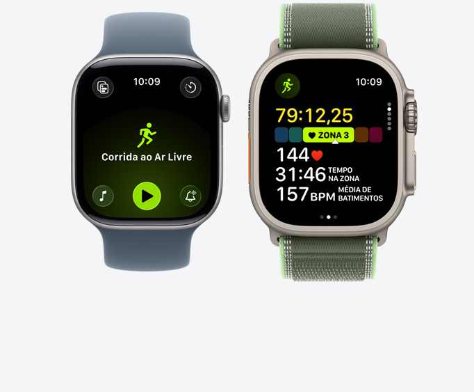 Apple Watch Series 11 com caixa cinza-espacial de alumínio, exercício Corrida ao Ar Livre aberto com controles de reprodução do Apple Music, Apple Watch Ultra 3 com caixa natural de titânio, exercício Corrida aberto, frequência cardíaca na Zona 3