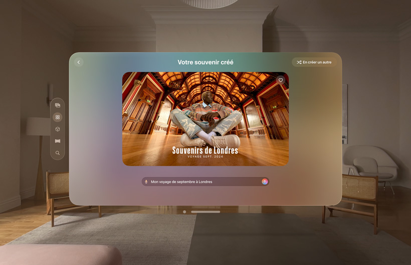 Photo d’une personne, assise sur le sol d’une pièce lumineuse ornée de boiseries; une mention indiquant qu’il s’agit d’un souvenir de voyage à Londres datant de septembre 2024 est affichée sur la photo. Interface de l’expérience de film souvenir dans l’app Photos d’Apple Vision Pro autour de la photo et du message.