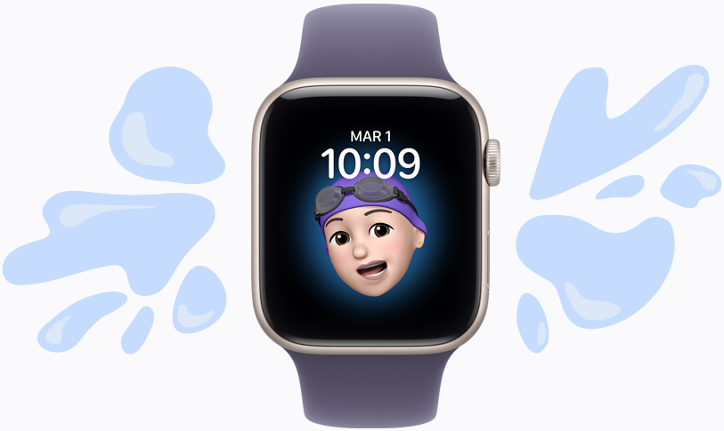 Apple Watch SE 3, boîtier en aluminium, comète, cadran Memoji, illustrations d’éclaboussures d’eau qui n’atteignent pas l’appareil résistant à l’eau, bracelet sport brume violette