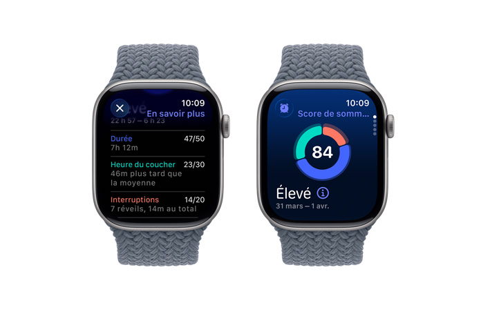 Apple Watch Series 11, gris cosmique, boîtier en aluminium, notification du score de sommeil, côté droit extérieur, Digital Crown, bracelet solo tressé, bleu nautique