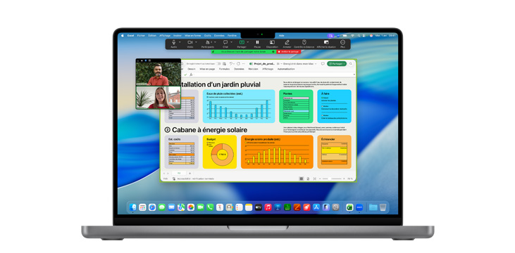 Plusieurs fenêtres d’apps, dont Microsoft Excel et Zoom, ouvertes sur un MacBook Pro 14 pouces.