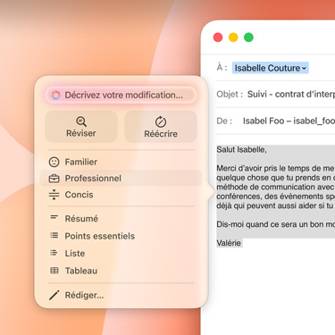 Un écran affichant un courriel professionnel et une fenêtre de requête Apple Intelligence.