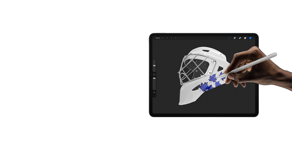 Un iPad affichant un masque de gardien en blanc, prêt à être orné de motifs.