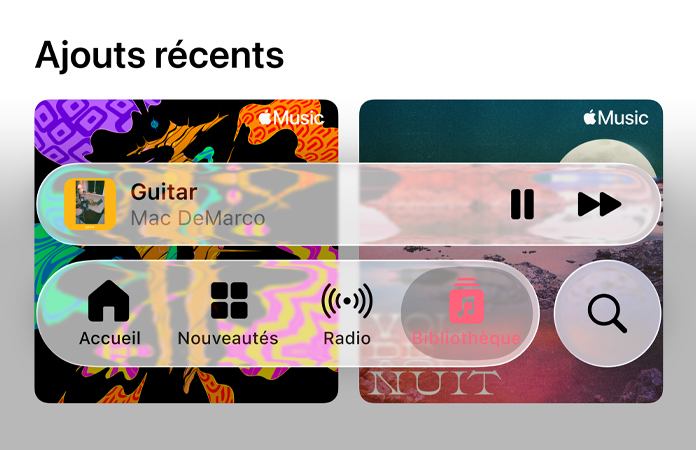Commandes translucides dans Apple Music avec effet réfractant sur l’arrière-plan