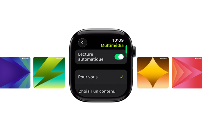 Apple Watch noir de jais au centre, sans bracelet, dont le cadran affiche les options Pour vous et Choisir un contenu, fonds d’écran Apple Music personnalisés en arrière-plan