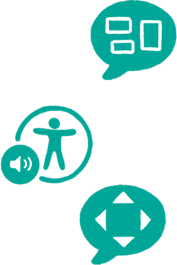 Tre icone di accessibilità Apple che rappresentano: VoiceOver, Contenuto letto ad alta voce e Controllo vocale. 