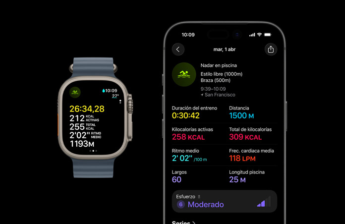 Apple Watch Ultra 3, caja de titanio, color natural, correa Ocean, color azul náutico, entreno de Nadar activo, desglose más detallado de métricas de entreno en el iPhone