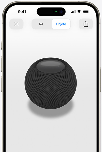 Pantalla de un iPhone que muestra un HomePod mini Medianoche en realidad aumentada.