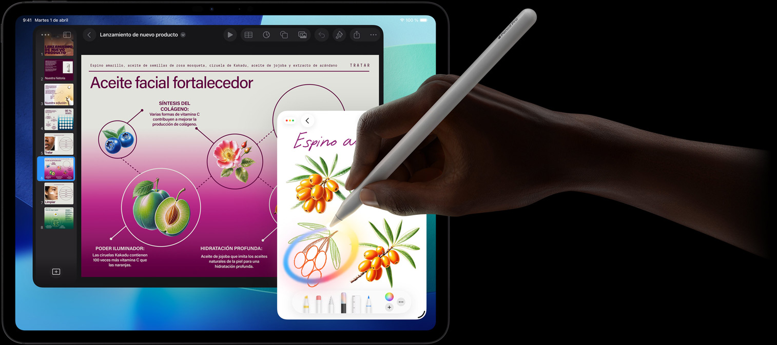iPad Pro, parte delantera exterior, fondo degradado de azul oscuro a verde con varias apps abiertas, una mano sujeta un Apple Pencil Pro y rodea con un círculo un boceto que ilustra la prestación Varita Gráfica de Apple Intelligence
