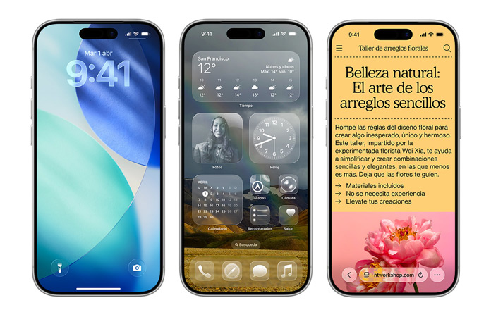 Dispositivos iPhone situados uno al lado del otro muestran varios elementos del nuevo diseño de iOS, como una pantalla de bloqueo con la hora translúcida en Liquid Glass y una pantalla de inicio con iconos de apps transparentes en Liquid Glass