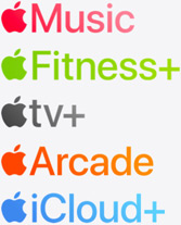 Iconos de las apps Música, Apple Fitness+, Apple TV+, Apple Arcade y iCloud+