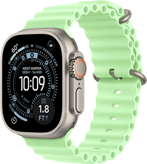 Apple Watch Ultra 3, boett i naturligt titan, urtavlan Orientering, komplikationer: Uv-index, Aktivitet, Satellit, Kompass, höger utsida, Digital Crown, mikrofon, sidoknapp, neongrönt havsband