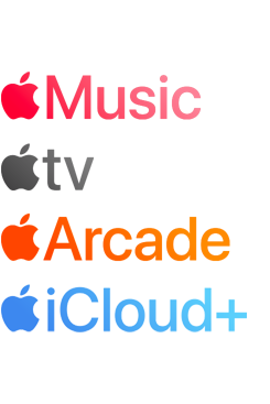 Logotypen van Apple abonnementen, waaronder Apple Music, Apple TV+, Apple Arcade, iCloud+