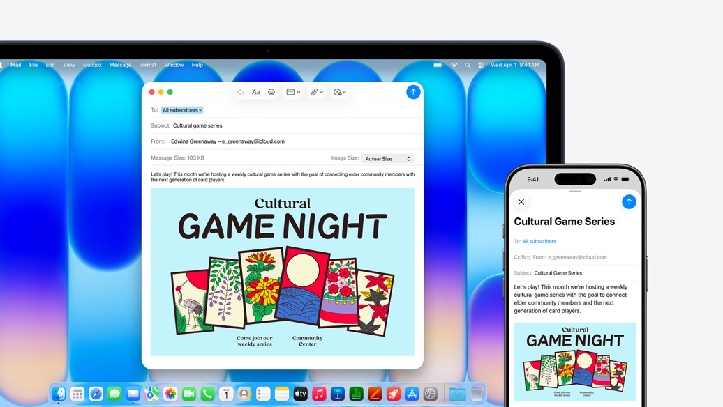 MacBook Neo, indigo color, next to iPhone, both screens show the same email, announcing an event at a community center