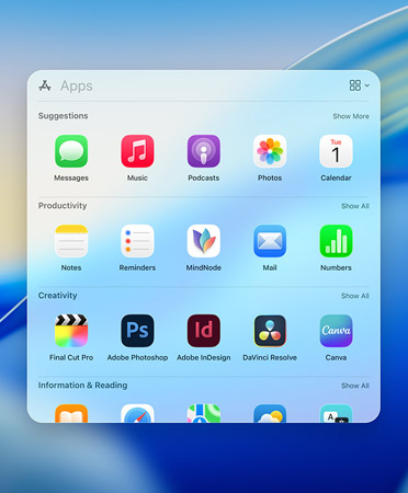 Spotlight-browsermenu met apps met categoriefilters: Hulpprogramma’s, Sociaal, Productiviteit en Financiën, Entertainment en Informatie en Lezen