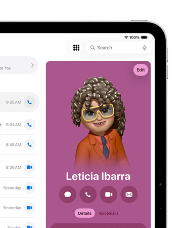 iPad, rechtervoorkant van het scherm toont een geopende contactkaart in Telefoon met opties voor Bericht, Bellen en meer