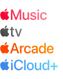 Een lijst met Apple services: Apple Music, Apple Fitness Plus, Apple TV, Apple Arcade en Apple iCloud Plus