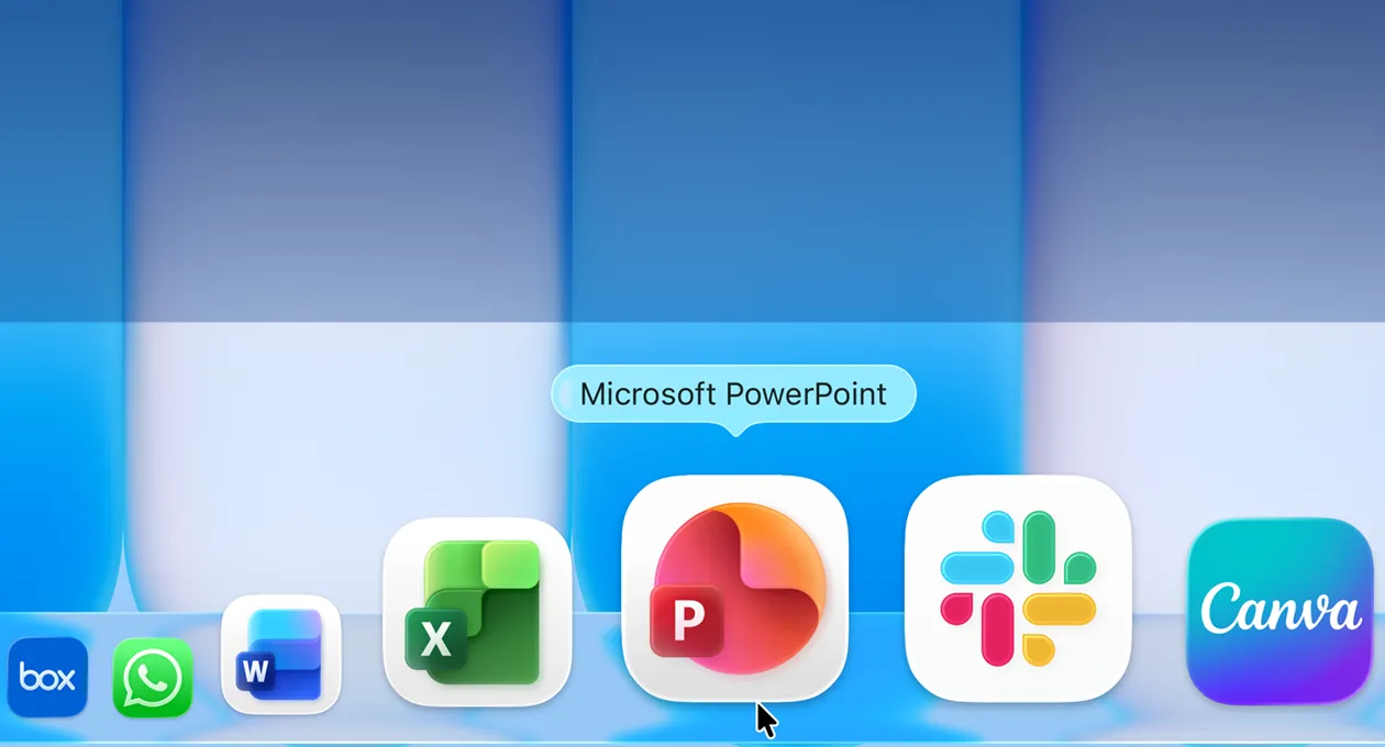 macOS desktop showing Dock with various apps, Microsoft PowerPoint app highlighted
