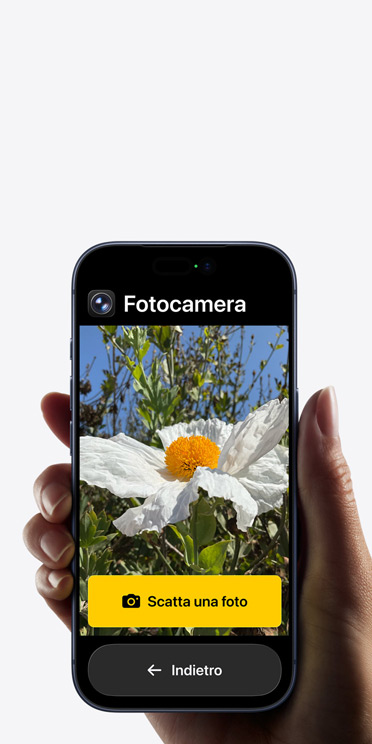 Schermata di iPhone 17 Pro che mostra l’interfaccia semplificata dell’app Fotocamera con un fiore nella cornice, il pulsante “Scatta una foto” e il pulsante “Indietro” in basso