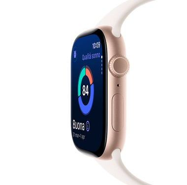 Apple Watch Series 11 in alluminio color oro rosa mostrato di lato, con il parametro qualità del sonno e altri dati dinamici sul quadrante.