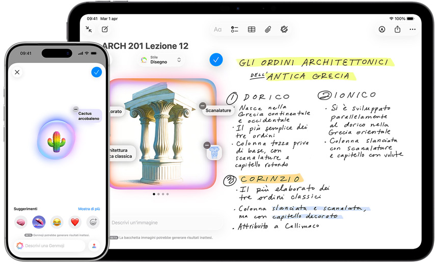 iPhone e iPad che mostrano la funzione Genmoji che crea un cactus nei colori dell’arcobaleno e la funzione Bacchetta che trasforma uno schizzo nel disegno di un padiglione in stile Moghul.