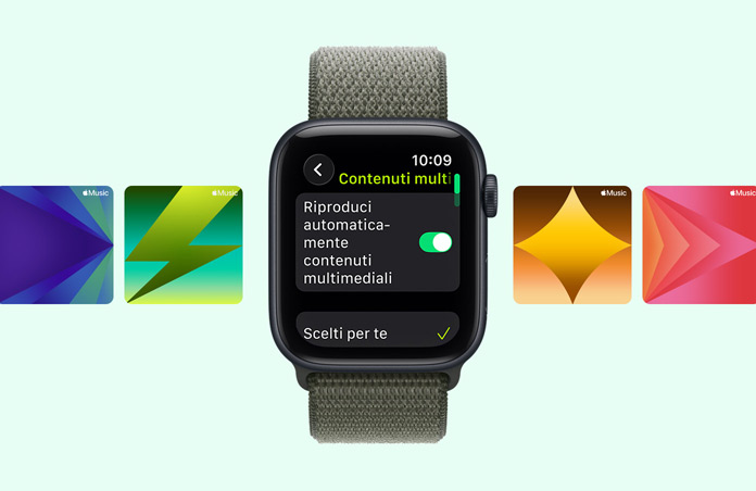 Apple Watch SE 3, cassa in alluminio color mezzanotte, suggerimenti di playlist di allenamento da Apple Music, cinturino Sport Loop verde bosco
