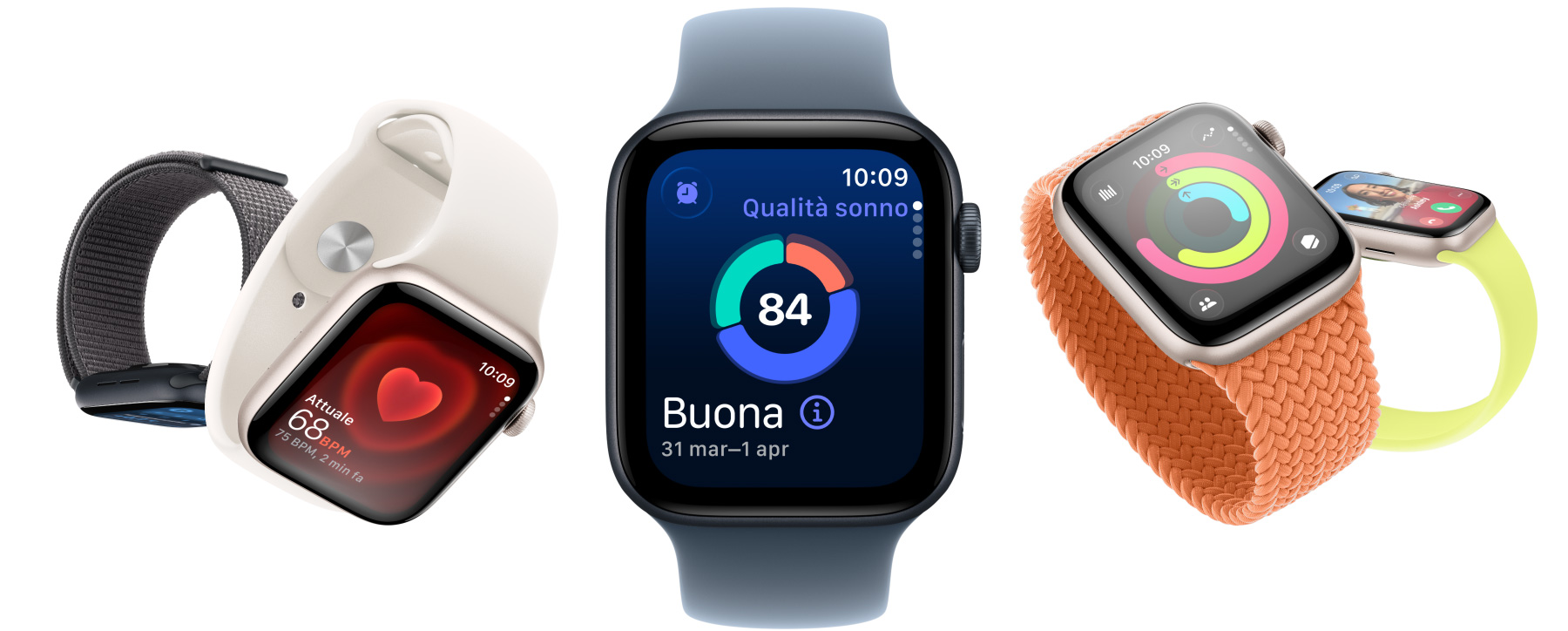 Dispositivi Apple Watch SE 3, casse in alluminio color galassia e mezzanotte, schermate: app Parametri Vitali, app Frequenza cardiaca, Qualità del sonno, anelli Attività, chiamata in arrivo