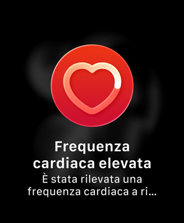 Notifica di frequenza cardiaca troppo alta, profilo di un cuore bianco dentro un cerchio rosso