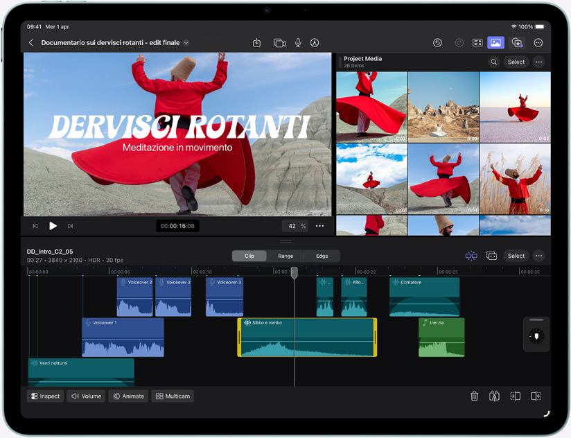 Un iPad Air mostrato di fronte, sullo schermo c’è un video che viene modificato in Final Cut Pro