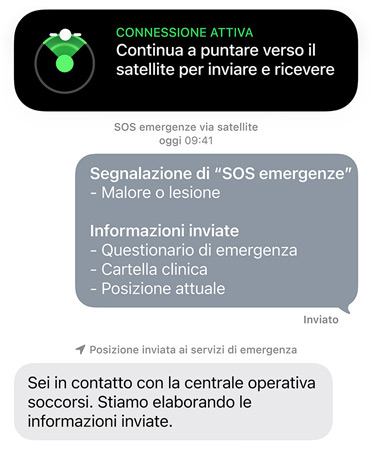 Funzione SOS emergenze via satellite in uso, contatto con i servizi di emergenza per soccorrere una persona malata o infortunata