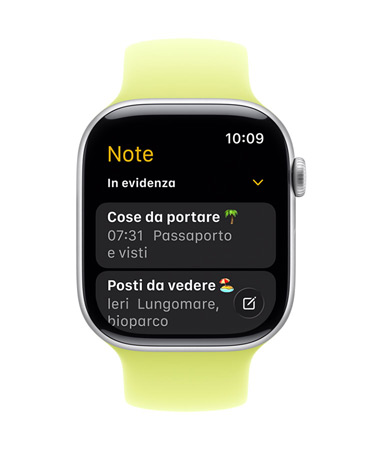 Apple Watch Series 11: il quadrante mostra l’app Note, con due note in evidenza