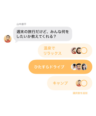 メッセージアプリの新しい投票機能のクローズアップ。グループチャットのメンバーが週末の旅行の目的地について投票している
