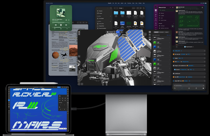 iPad Pro attached to Magic Keyboard, front exterior, all connected to external Mac Studio Display, iPad Pro display with graphic design app, vibrant colors and text, Studio Display showing various apps and a 3D model